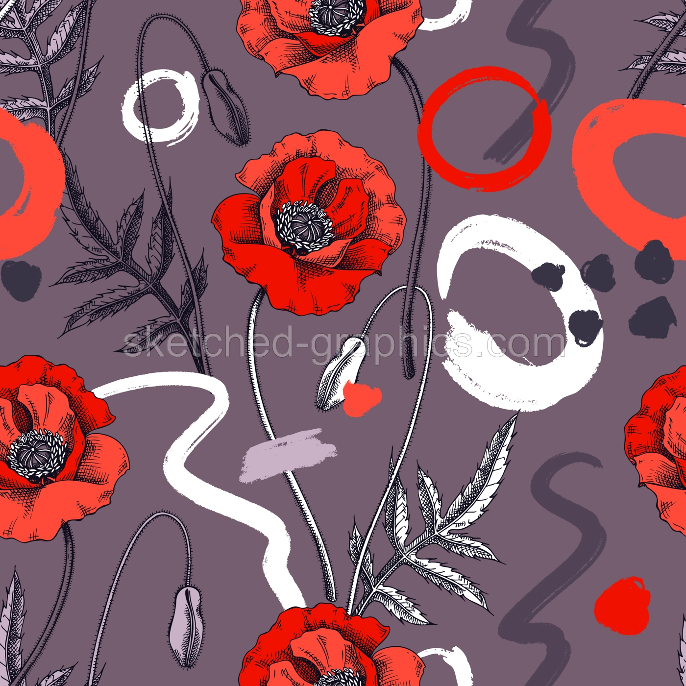 Collage-style summer background. Sketched poppy seamless pattern. Trendy design with floral sketches, geometric shapes, and abstract elements. Perfect for print, poster, card, fabric, wrapping Illustration